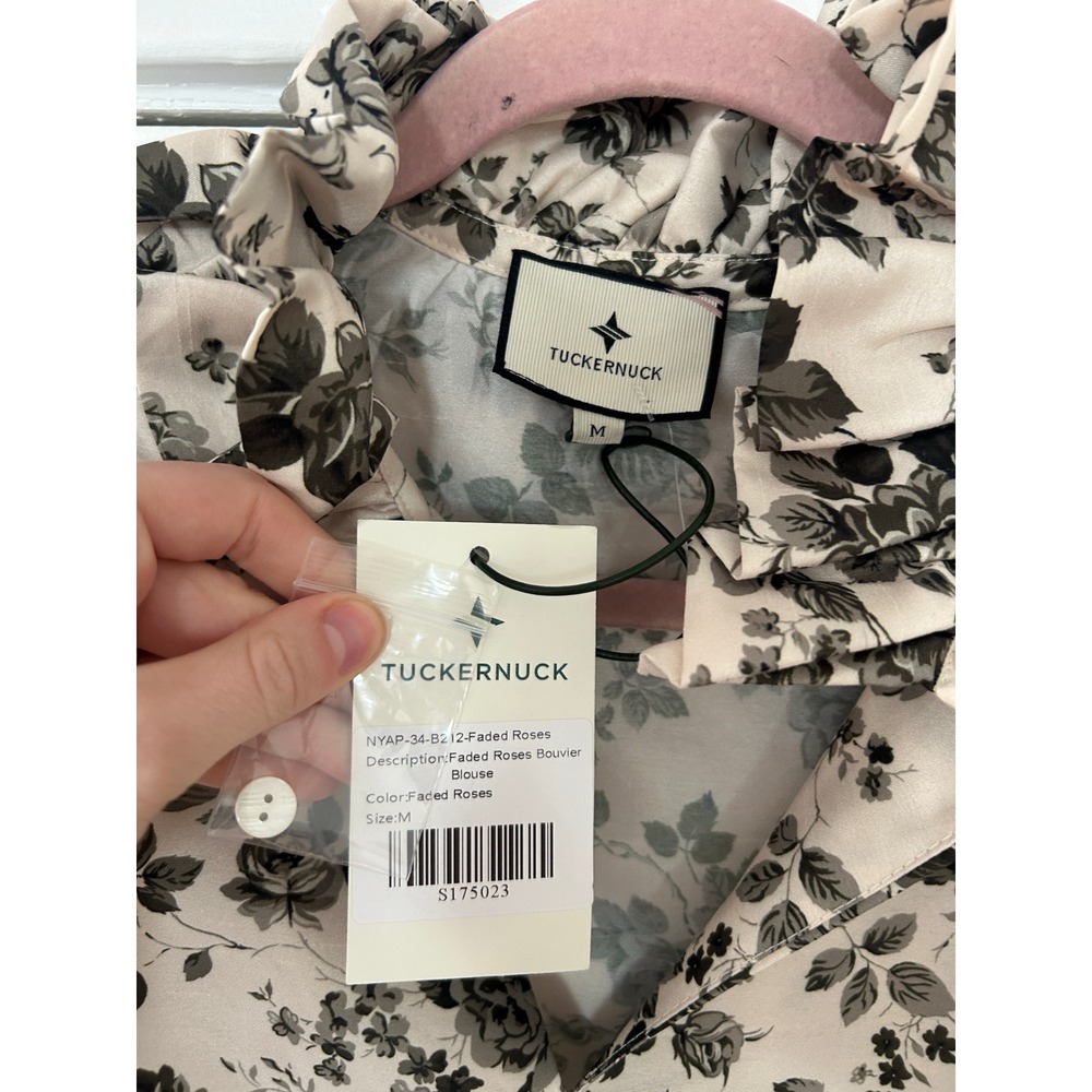Tuckernuck Bouvier Blouse Faded Roses Floral Ruffle Neck Cream Black Size M - Picture 5 of 6